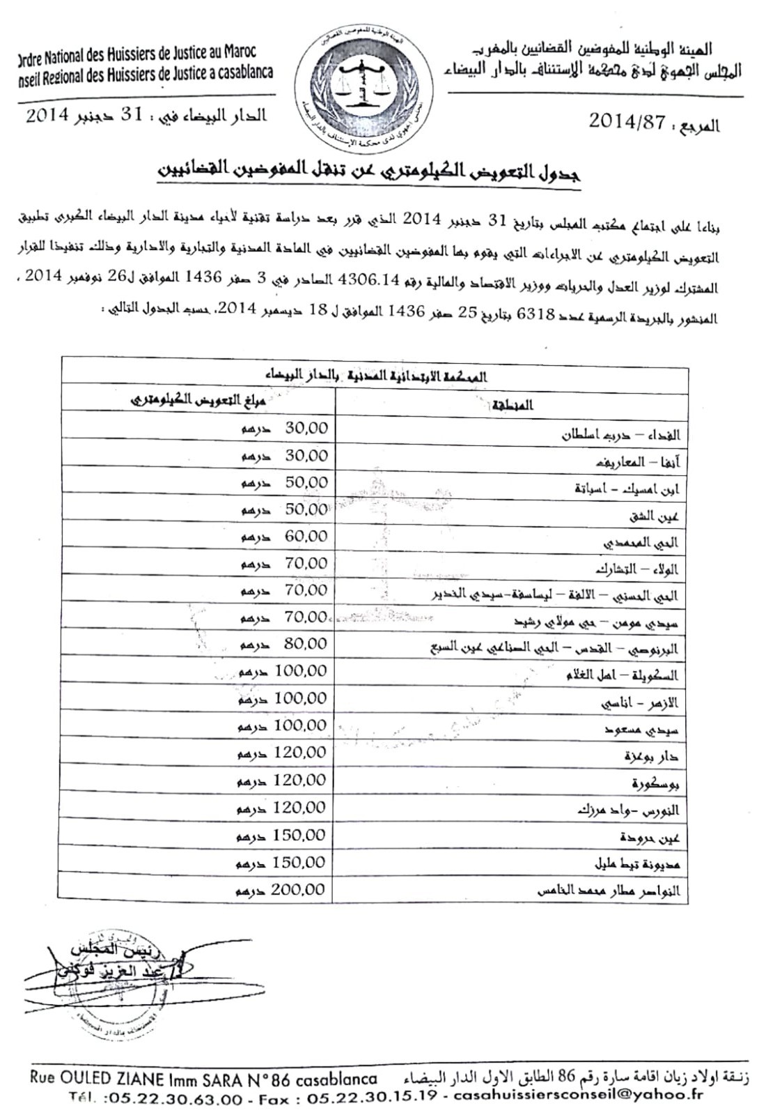 تعريفة أجور المفوضين القضائيين جدول التعويض الكيلومتري (1)
