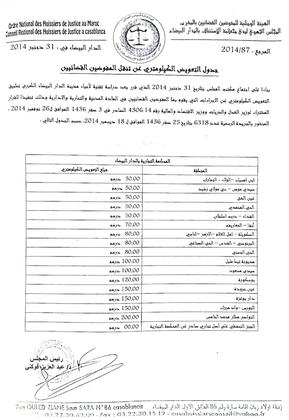 تعريفة أجور المفوضين القضائيين جدول التعويض الكيلومتري (2)