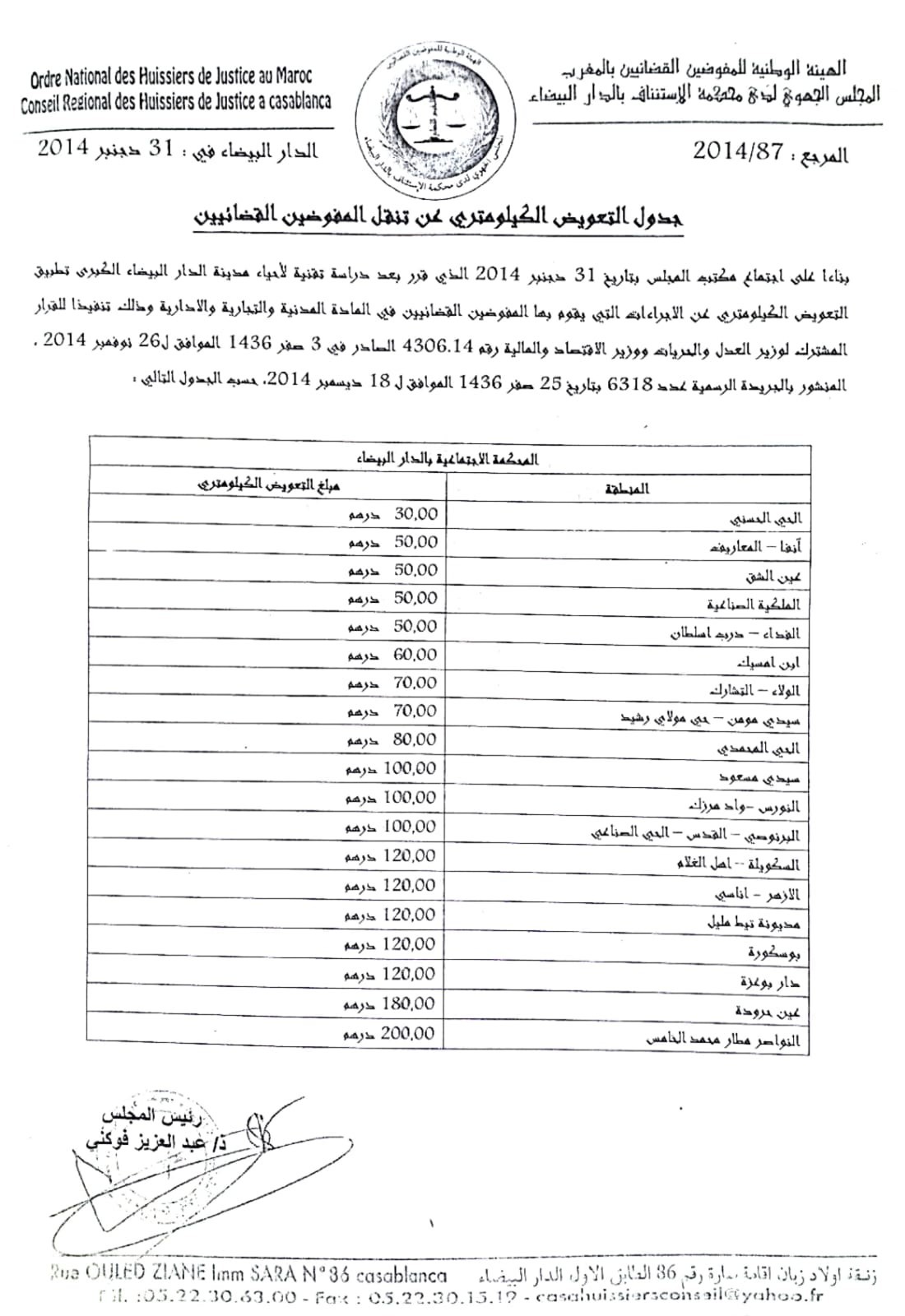 تعريفة أجور المفوضين القضائيين جدول التعويض الكيلومتري (3)